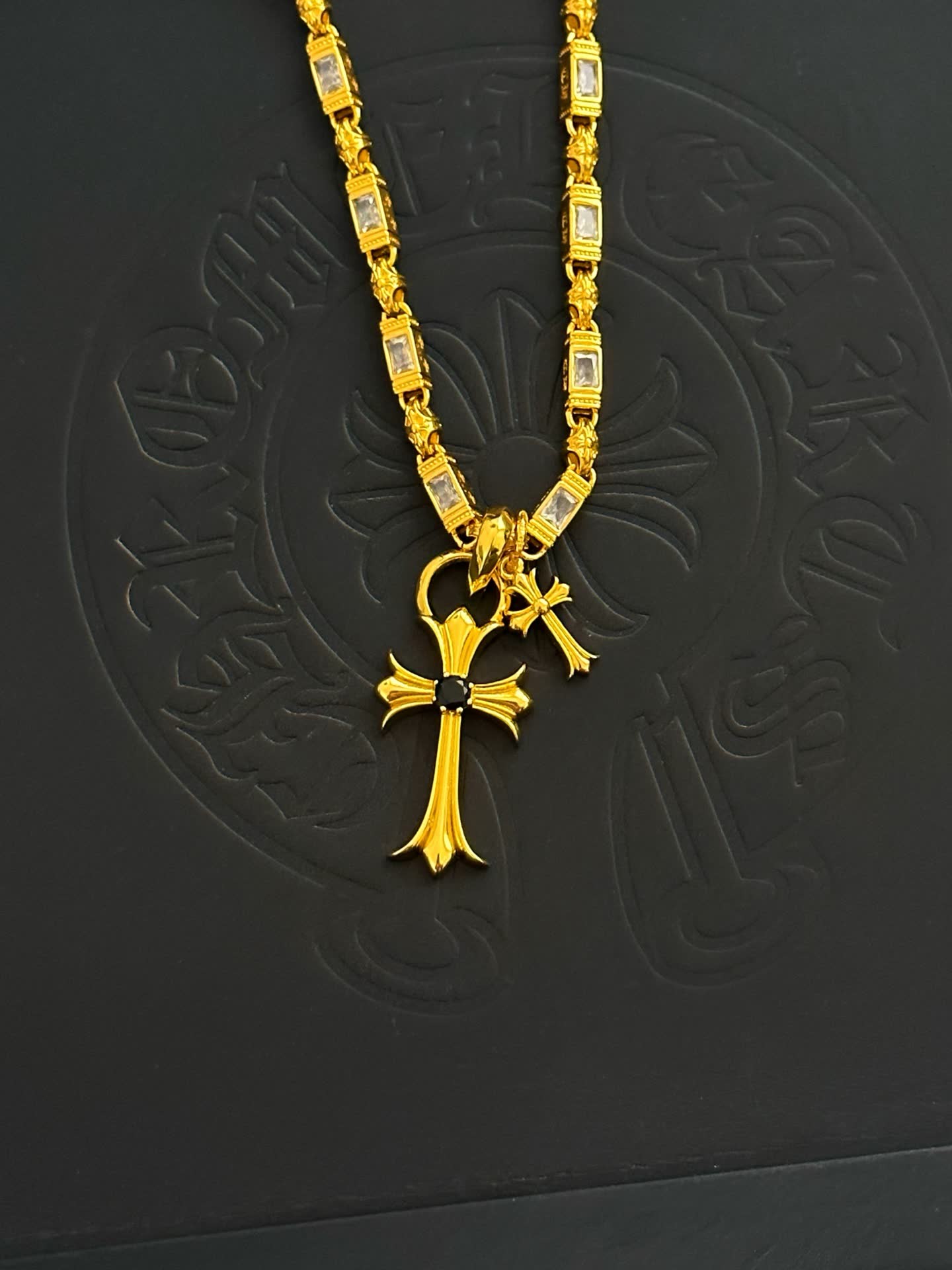 Chrome Hearts Gold Tone Crystal Cross Pendant Necklace